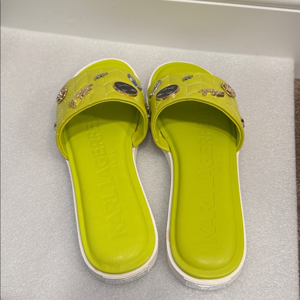 Karl Lagerfeld Lime Green Quilted Slide Sandals with Charms - Picture 2 of 5